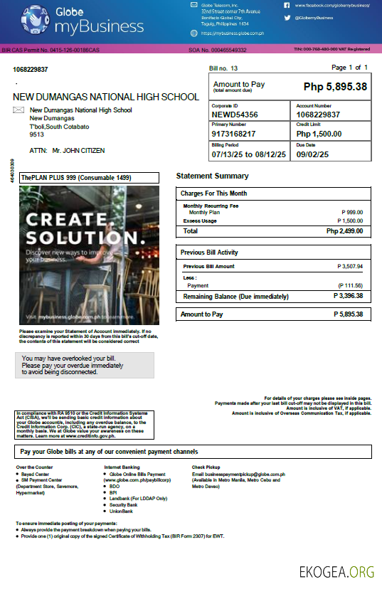 Philippines Globe mybusiness utility bill template in word and pdf formats template